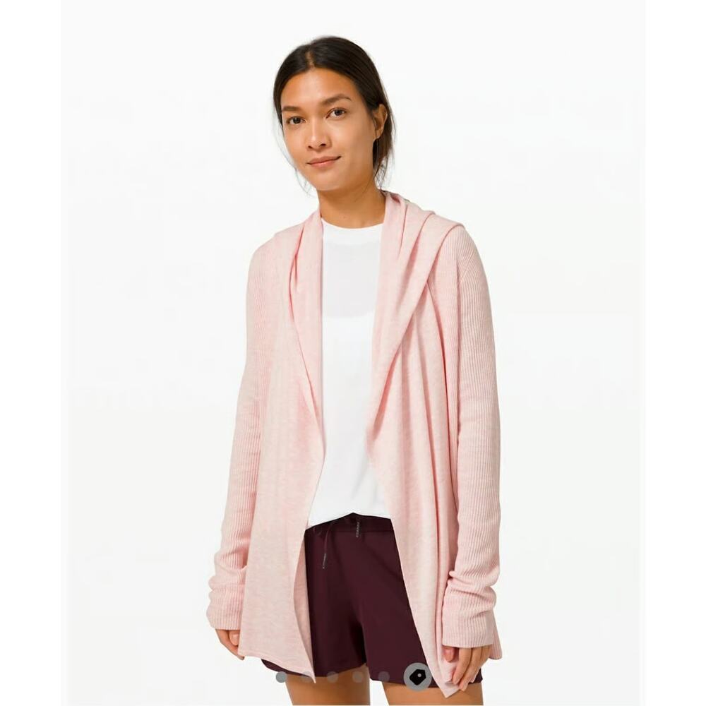Lululemon Cashlu Sundown Open Front Hooded Cardigan Pink Cashmere Blend Womens 6